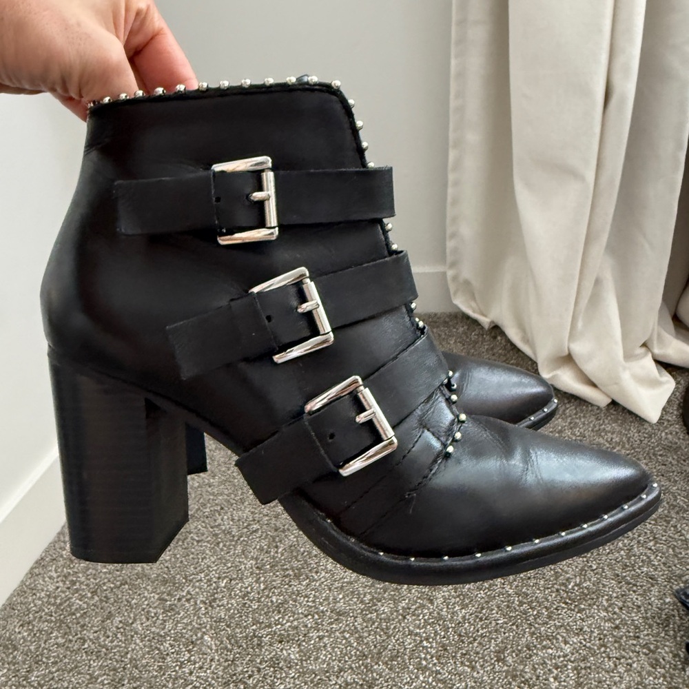 Steve Madden Humble Black Studded Buckle Ankle Boots for Women